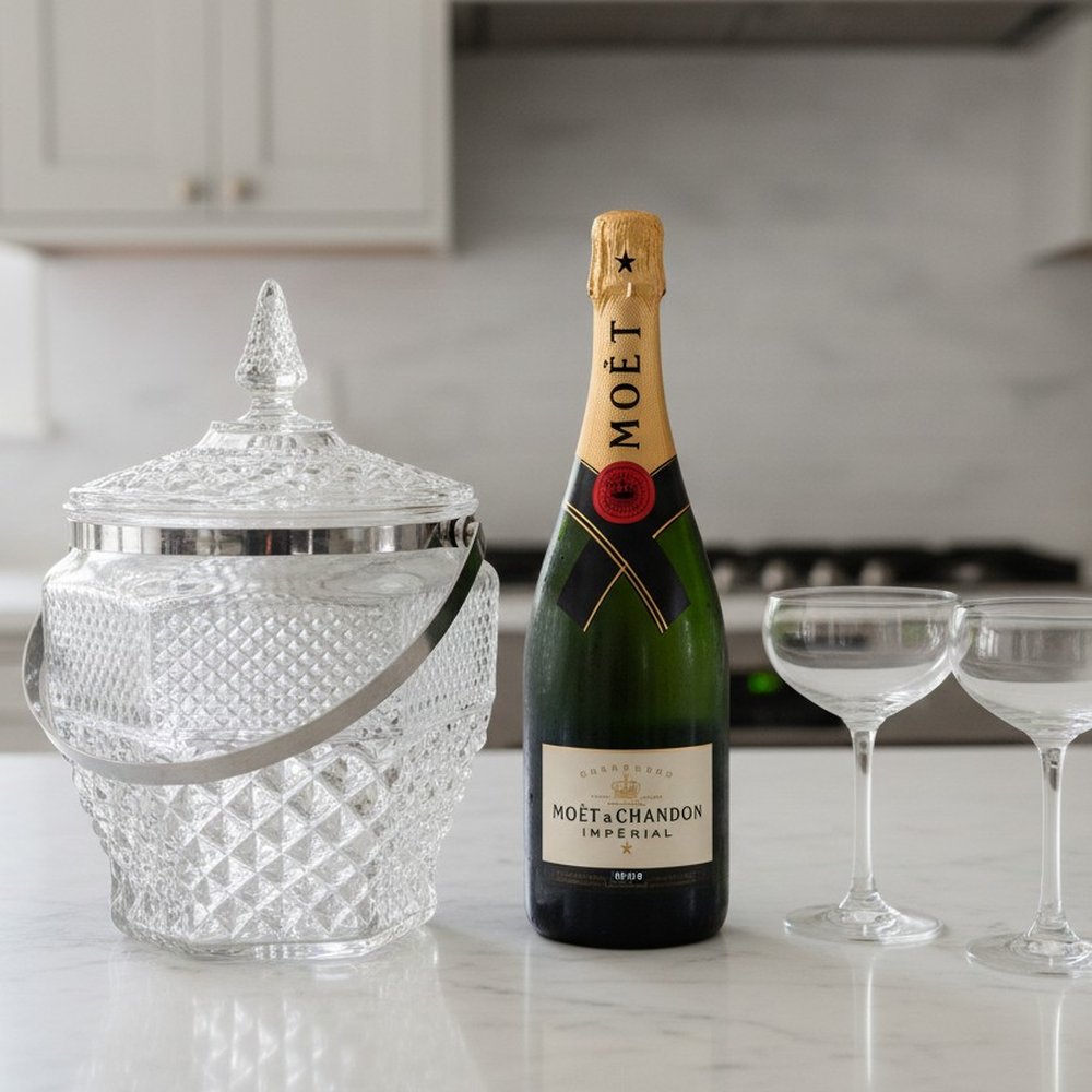 Vintage glass ice bucket styled with champagne and coupe glasses in a kitchen
