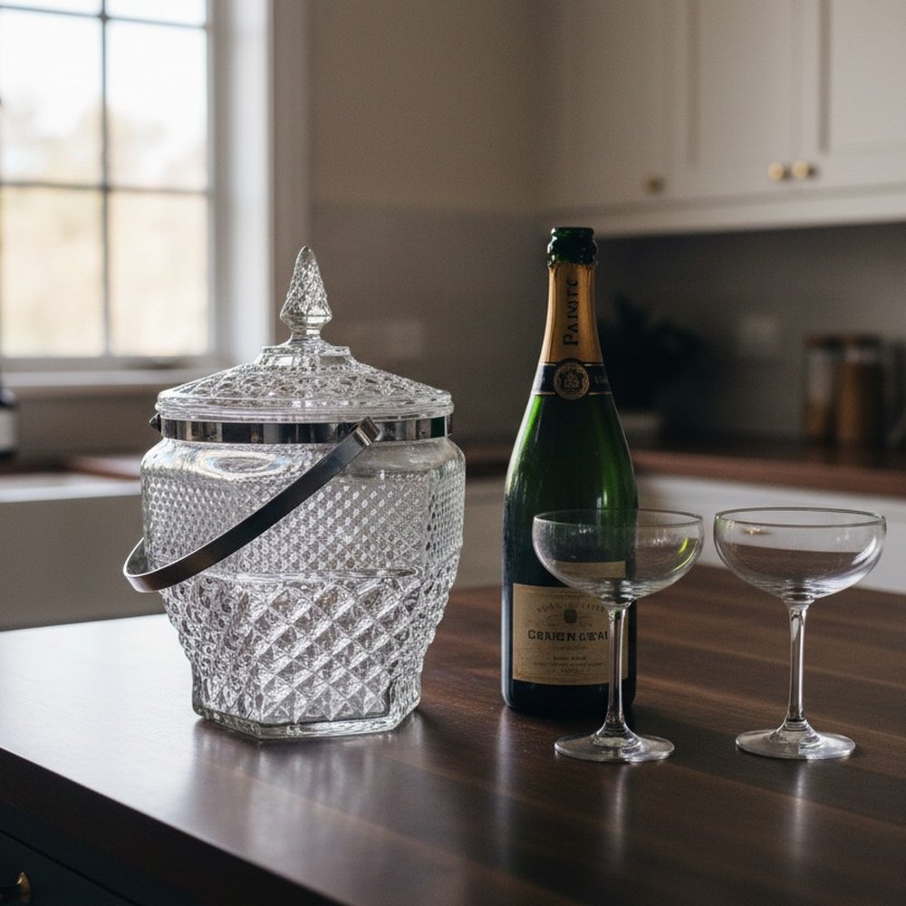 Vintage glass ice bucket on a timber counter in a dark kitchen