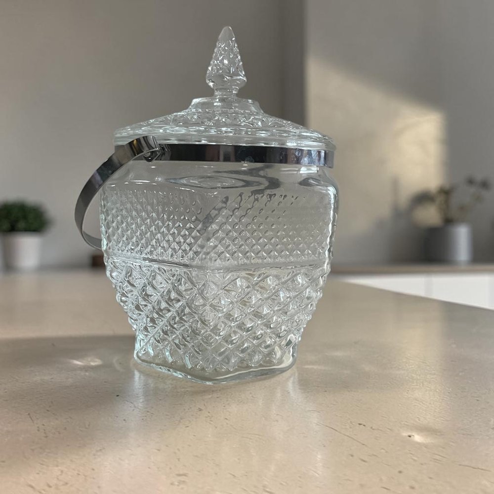 Vintage Wexford glass ice bucket on a marble kitchen counter