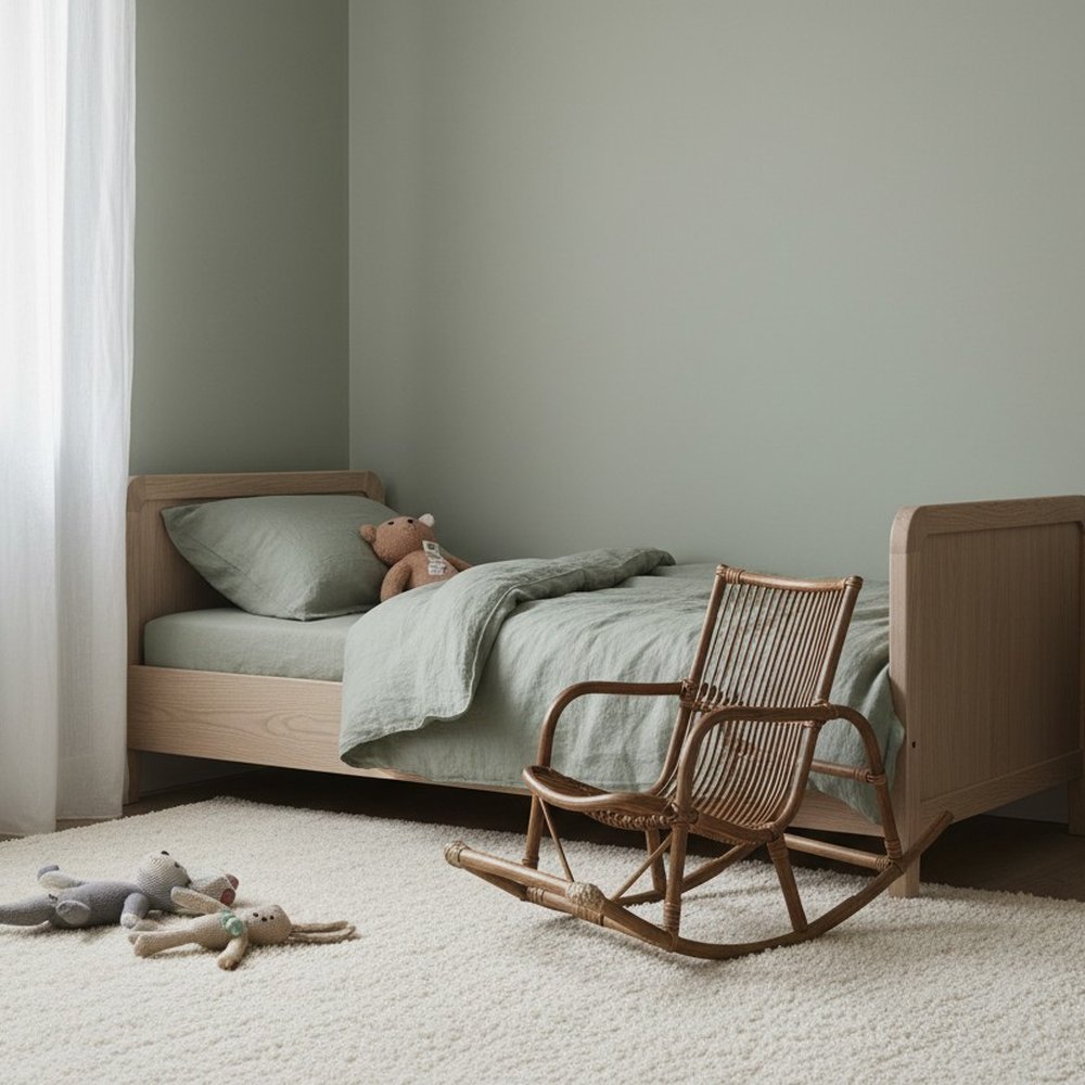 Vintage child's cane rocking chair styled in a nursery corner