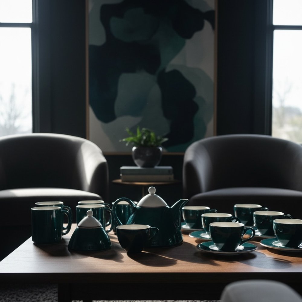 Vintage Pagnossin forest green tea set styled on a coffee table